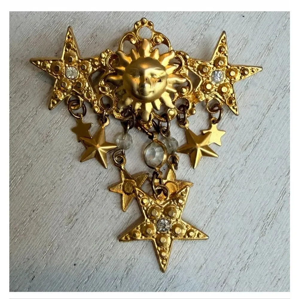 Celestial Sun Moon Stars Dangle Brooch